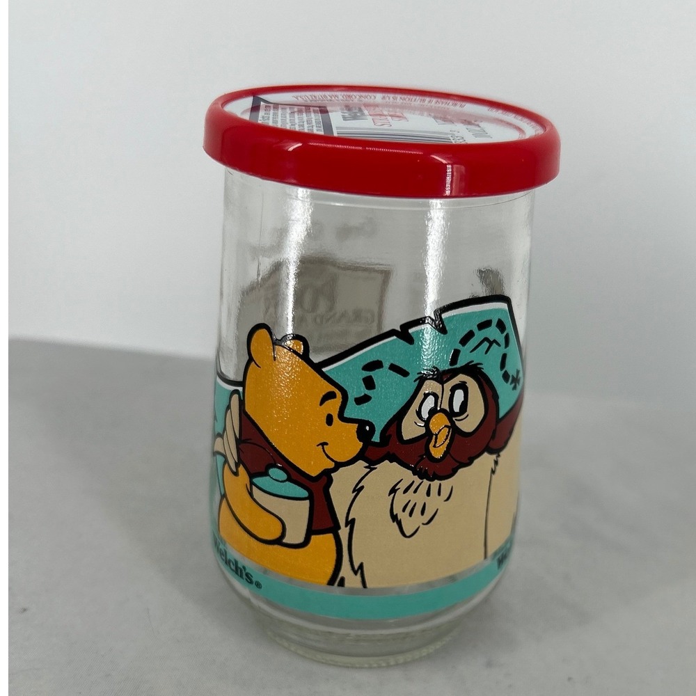 Vintage Welch's Jelly Jar Disney Winnie the Pooh and Owl Glass Tumbler with Lid